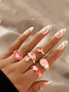 Jewels Galaxy Set Of 5 Gold-Plated & Pink Finger Rings