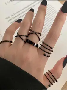 Jewels Galaxy Combo of 6 Silver-Plated Black Rings