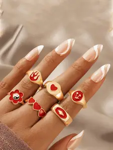 Jewels Galaxy Set of 6 Gold-Plated Red Toned Finger Rings