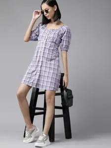The Roadster Lifestyle Co. Lavender & White Pure Cotton Checked A-Line Dress