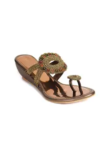 Ajanta Copper-Toned & Black Embellished Ethnic Flatform Sandals