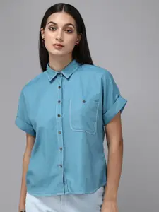 Roadster Women Turquoise Blue Pure Cotton Solid Casual Shirt