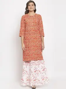 SOUNDARYA Women Orange Bandhani Printed Pure Cotton Kurta with Skirt