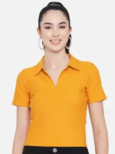 Orchid Hues Women Mustard Yellow Shirt Style Crop Top