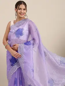 VASTRANAND Lavender & Blue Floral Beads and Stones Organza Saree