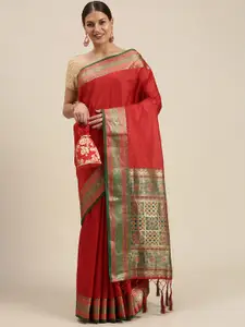 SANGAM PRINTS Red & Green Woven Design Silk Blend Saree