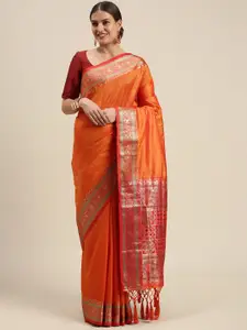 SANGAM PRINTS Orange & Red Woven Design Silk Blend Saree