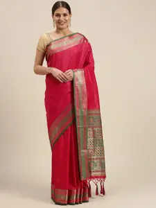 SANGAM PRINTS Pink & Green Woven Design Silk Blend Saree