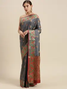 SANGAM PRINTS Grey & Golden Woven Design Silk Blend Saree