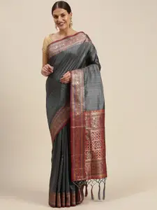 SANGAM PRINTS Grey & Red Woven Design Silk Blend Saree