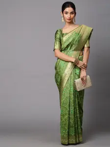 Mitera Olive Green & Gold-Toned Floral Zari Silk Cotton Banarasi Saree