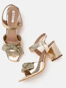 ELLE Gold-Toned Solid Block Heels with Bow Detail