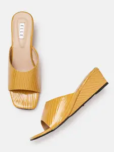 ELLE Women Mustard Yellow Printed & Textured Wedge Heels