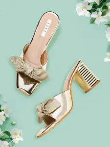 ELLE Gold-Toned Glossy Finish Block Heels with Shimmer Bows