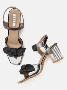 ELLE Gunmetal-Toned & Black Glossy Block Heels with Shimmer Bows