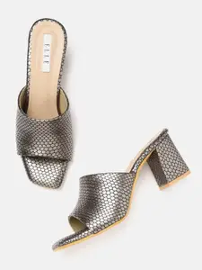 ELLE Bronze-Toned & Black Snakeskin Textured Block Heels