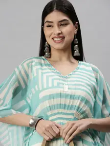 SHOWOFF Women Turquoise Blue & White Geometric Printed Kaftan Kurta