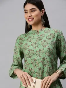 SHOWOFF Women Green Mandarin Collar Beads & Stones Straight Kurta
