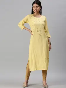 SHOWOFF Women Yellow Striped Straight Kurta