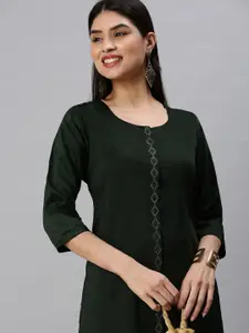 SHOWOFF Women Green Solid Beads & Stones Straight Kurta