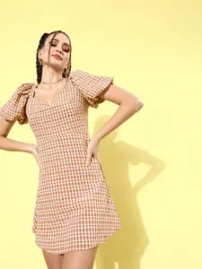 KASSUALLY Women Chic Brown Checked Summer Gingham Dress