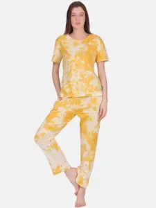 Masha Women Yellow Tie & Dye Print Pure Cotton Night Suit