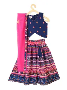 Here&Now X Kinder Kids Girls Blue & Pink Embroidered Ready to Wear Lehenga & Blouse With Dupatta