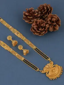 Brandsoon Gold-Plated Black Beaded Mangalsutra With Earrings