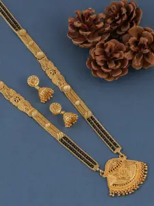 Brandsoon Gold-Plated Black Beaded Mangalsutra With Earrings