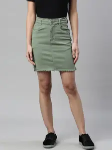 ZHEIA Women Olive Green Solid Straight Mini Denim Skirt