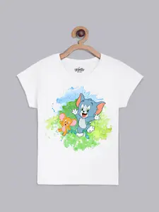 Kids Ville Girls White & Blue Tom & Jerry Printed Holi Pure Cotton T-shirt