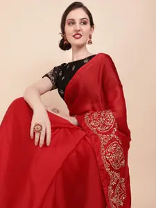 Sangria Red & Gold-Toned Embroidered Satin Saree