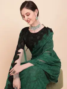 Sangria Olive Green & Black Embroidered Tie & Die Pure Georgette Saree