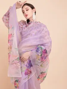 Sangria Lavender & Green Floral Organza Saree