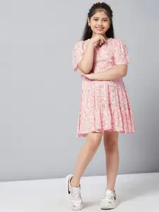 Stylo Bug Girls Peach-Coloured Floral Printed Cotton Dress