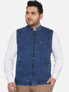 John Pride Plus Size Men Blue Solid Denim Nehru Jacket