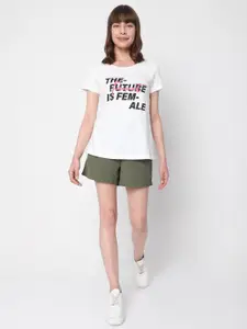 Vero Moda Women White Typography Printed Pure Cotton T-shirt
