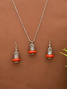 Silvermerc Designs Oxidised Silver-Plated Red Stone-Studded Pendant Set