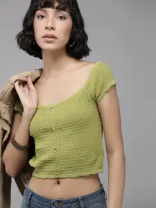The Roadster Lifestyle Co. Women Green Self Designed Pure Cotton Crochet Crop Top