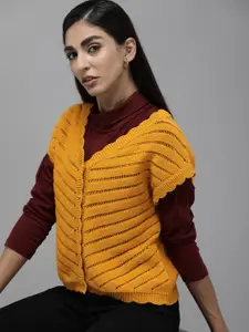 The Roadster Lifestyle Co. Yellow Pure Cotton Striped Extended Sleeves Crochet Top
