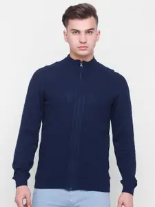 Globus Men Navy Blue Self Design Pure Cotton Cardigan