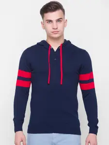 Globus Men Navy Blue & Red Cotton Colourblocked Hooded Pullover