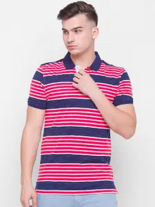 Globus Men Navy Blue & Red Striped Polo Collar Cotton T-shirt