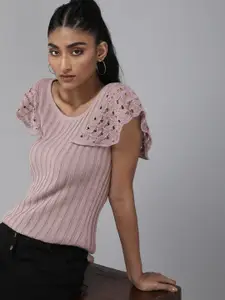 Roadster Mauve Pink Vertical Stripes Self Design Flared Sleeves Knits Pure Cotton Top