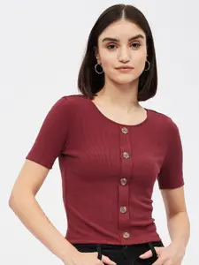 Harpa Women Maroon Ribbed Fitted Top