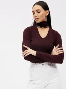 Harpa Burgundy High Neck Studded Top With Cut Out Detail