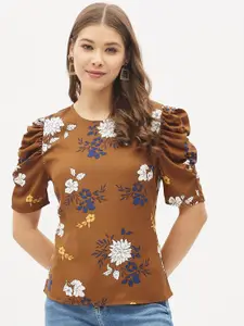 Harpa Bronze-Toned Floral Printed Puff Sleeve Top
