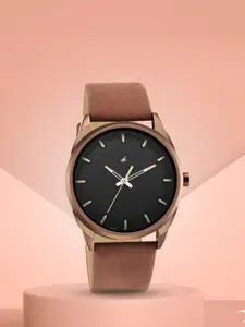 Fastrack Men Black Brass Embellished Dial & Brown Leather Straps Analogue Watch 3273QL01