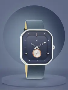 Fastrack Men Blue Brass Printed Dial & Blue Leather Straps Analogue Watch