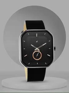 Fastrack Men Black Brass Embellished Dial & Black Leather Straps Analogue Watch 3272NL01